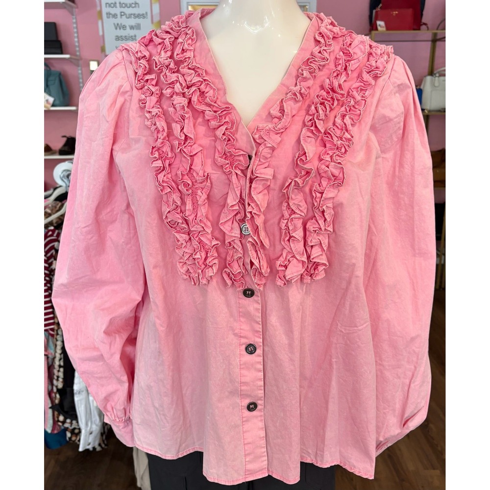 POI Pink Ruffle V-Neck Button Down Blouse Long Balloon Sleeve Cotton Top M d5